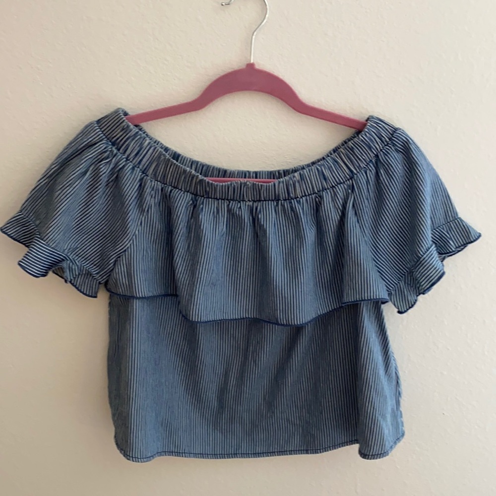 White/blue striped ruffle off shoulder crop top